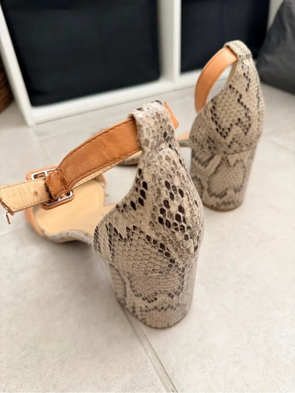 Tan Leather & Snake-Print Block Heel Sandals